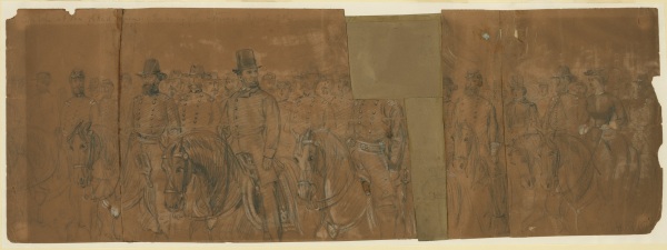 On April 9, 1863, Alfred Waud sketched President Lincoln as he and various Union generals reviewed the Army of the Potomac. Someone has clipped off Joe Hooker's head. Click on the image for a larger version (Library of Congress). 