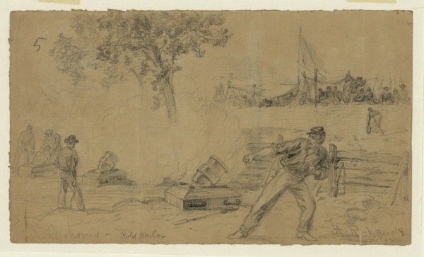 Alfred Waud sketched the firing of a coehorn mortar at Cold Harbor. Click to enlarge (Library of Congress). 